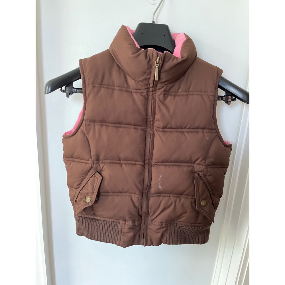 Gap Kids Brown Puffer Vest Pink Fleece Lined Size Large 10 Full Zip Quilted